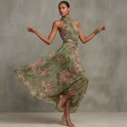 Pleated Halter Neck Summer Dress - Lightweight Sheer Layering Sundress