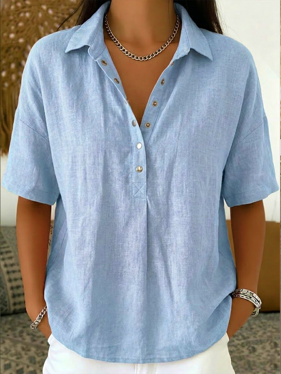 Vintage-Inspired Cotton-Linen Polo Shirt - Soft Textured Casual Top