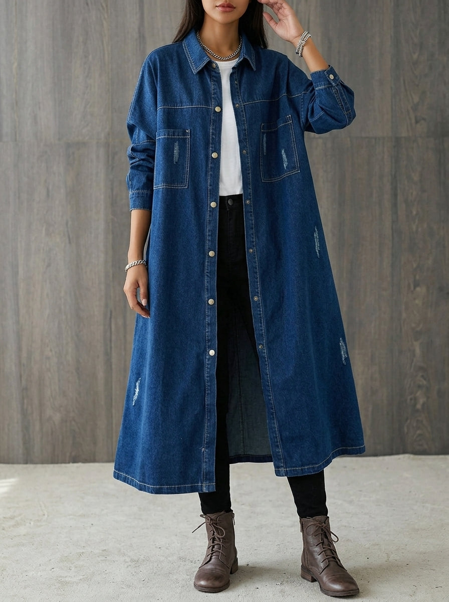Women's Long Sleeve Denim Shirt Dress | Casual Distressed Button-Down Jean Maxi Gown