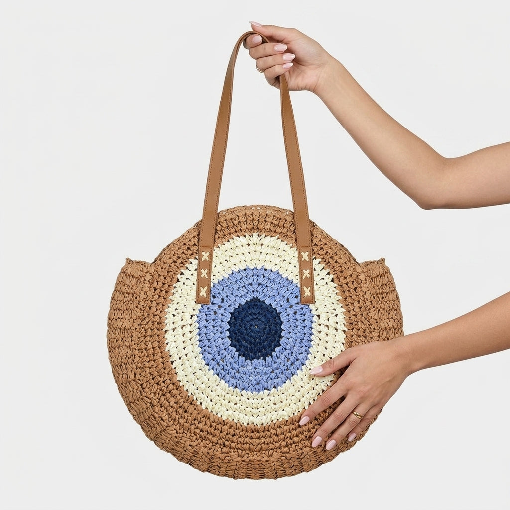 Bohemian Evil Eye Woven Straw Tote Bag - Large Capacity Retro Beach Shoulder Purse for Women