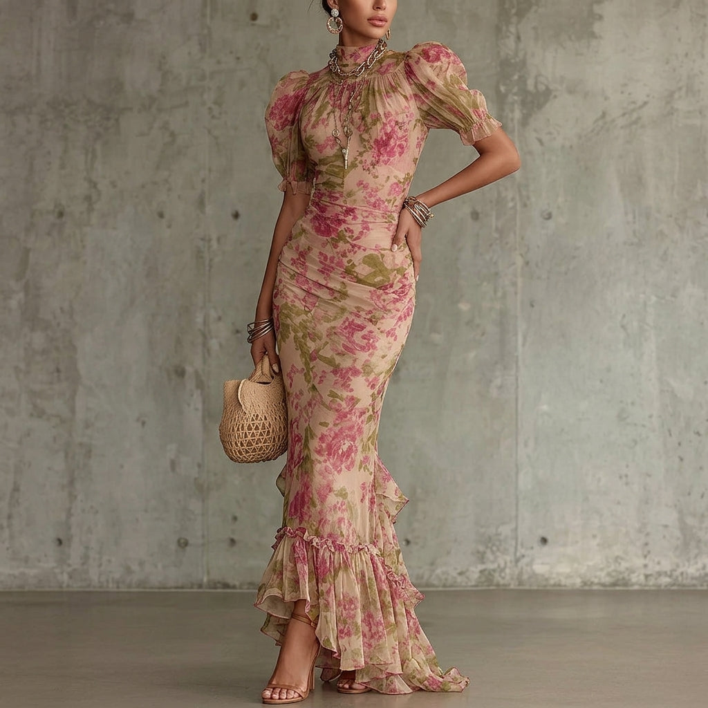Robe longue en mousseline florale pour femme - Robe sirène à col montant et manches bouffantes