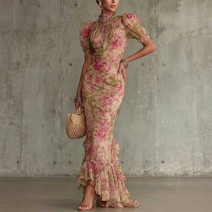 Robe longue en mousseline florale pour femme - Robe sirène à col montant et manches bouffantes
