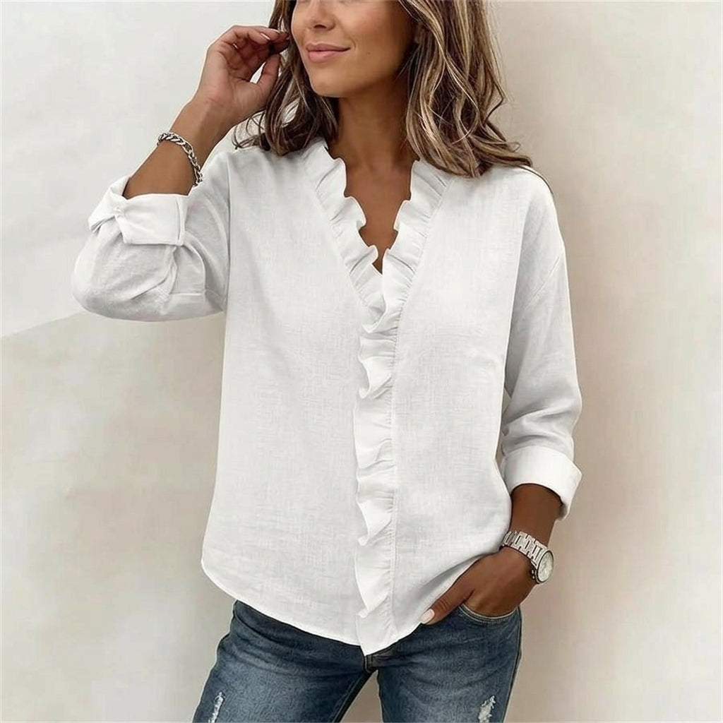 Cascading Ruffle Front Long Sleeve Shirt | Breathable Slub Cotton-Linen Blouse