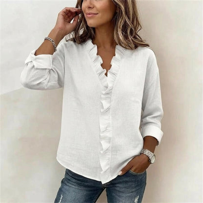 Cascading Ruffle Front Long Sleeve Shirt | Breathable Slub Cotton-Linen Blouse