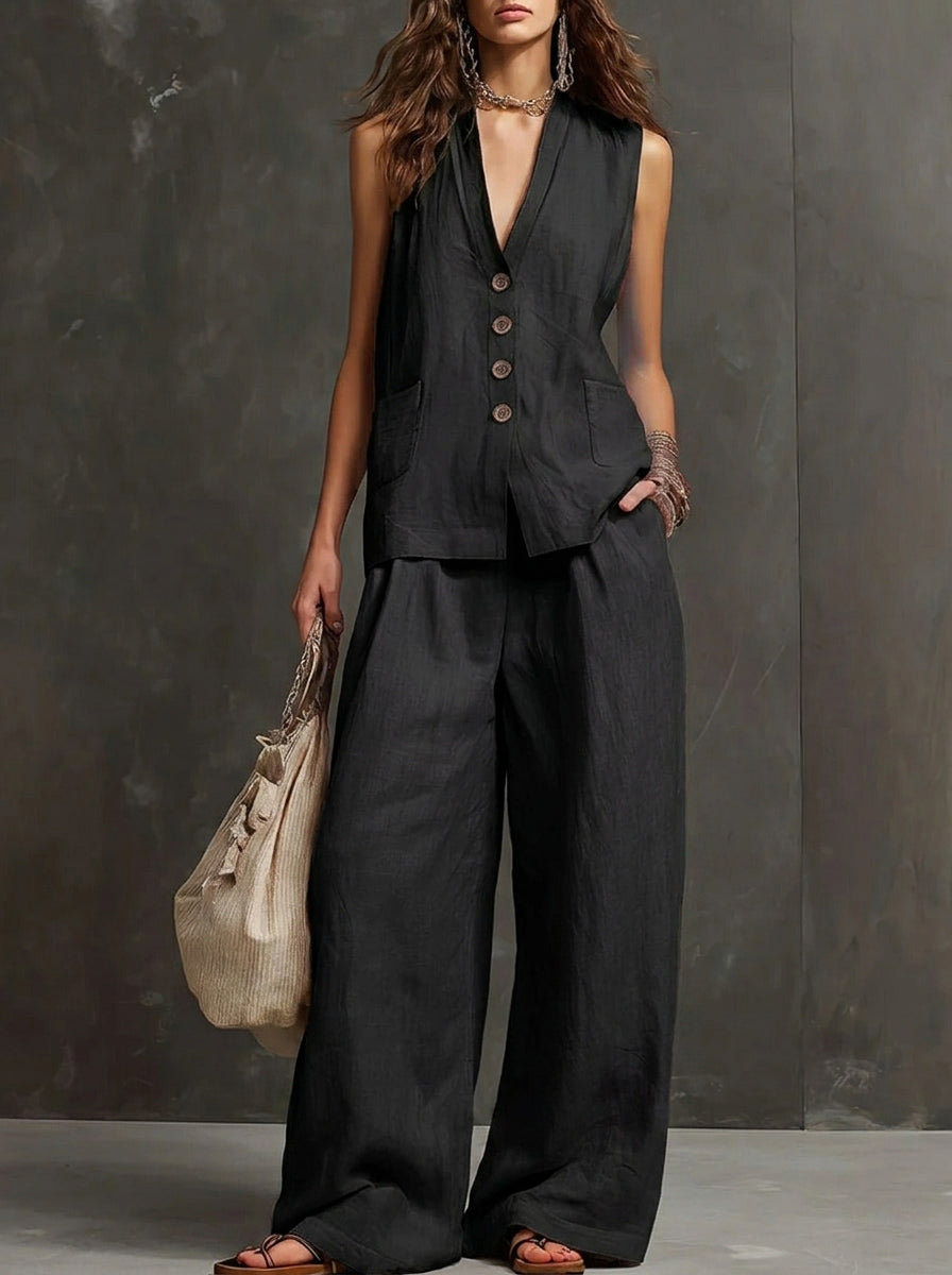 Chic Cotton Linen Blend 2-Piece Set - Sleeveless Button-Down Vest & High-Waist Wide Leg Pants Lounge Set