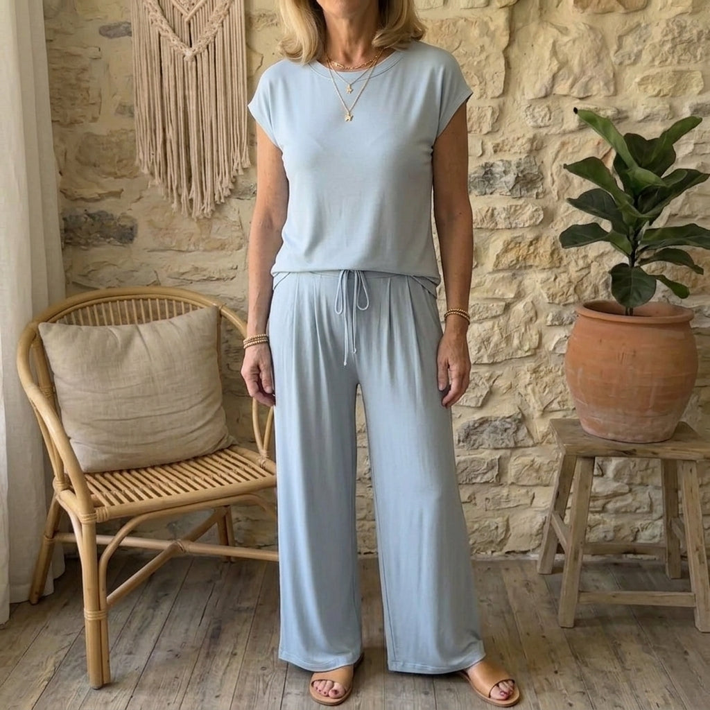Women's Modal 2-Piece Lounge Set - Cap Sleeve Tee & Wide Leg Pants Pajama Set