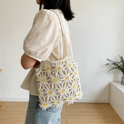 Bohemian Daisy Crochet Tote Bag - Handmade Hollow-Out Floral Knit Beach Shoulder Purse with Inner Pouch