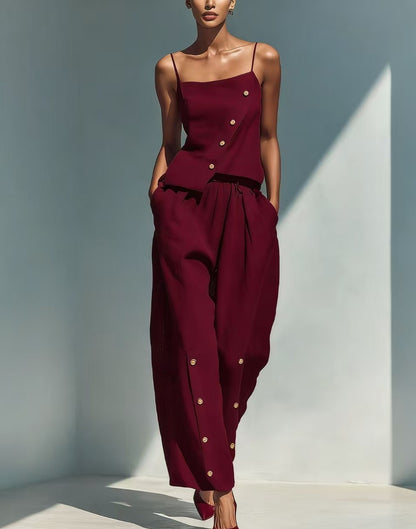Chic Asymmetric Camisole & Button-Detailed Wide Leg Pants 2-Piece Linen Blend Lounge Set