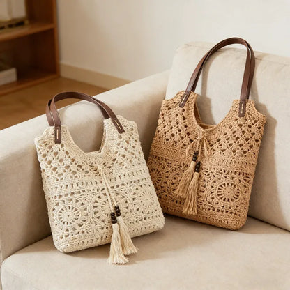 Bohemian Crochet Hollow-Out Straw Tote Bag - Handmade Mesh Shoulder Purse with Wooden Bead Tassels