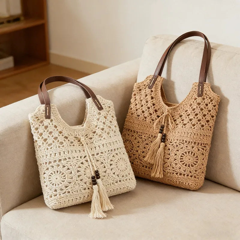 Bohemian Crochet Hollow-Out Straw Tote Bag - Handmade Mesh Shoulder Purse with Wooden Bead Tassels