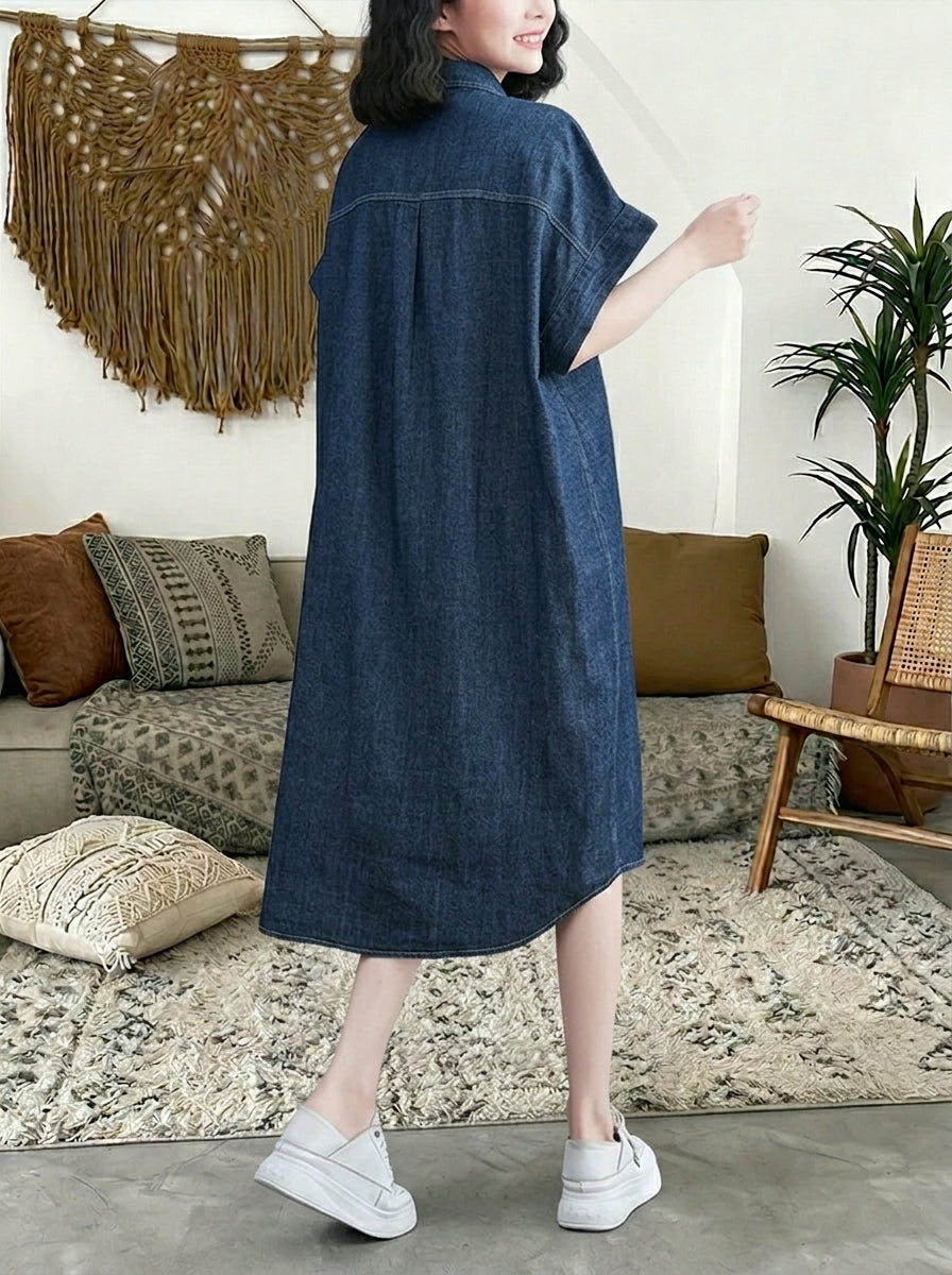 Vintage Oversized Denim Dress for Women - Lightweight Button-Down Polo Neck Dress