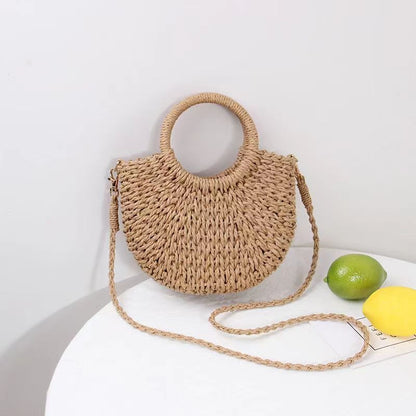 Handmade Half-Moon Straw Crossbody Bag - Vintage Paper Rope Woven Tote & Beach Shoulder Purse with Top Handle
