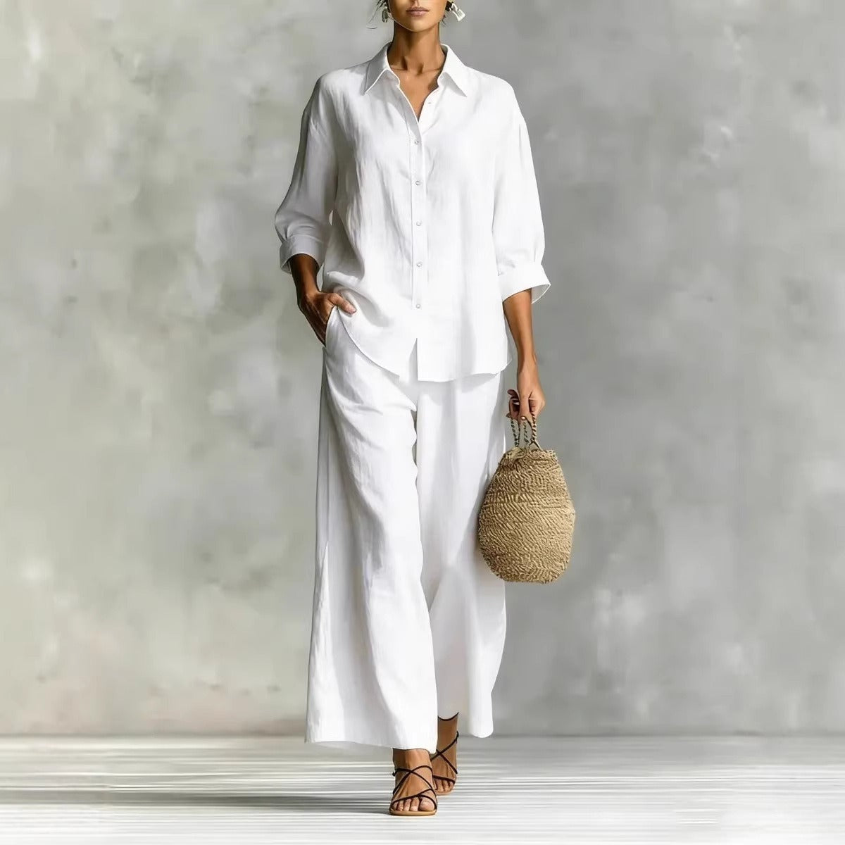 Women's Linen-Look 2-Piece Lounge Set | Casual Long Sleeve Button Shirt & Wide Leg Pants Suit