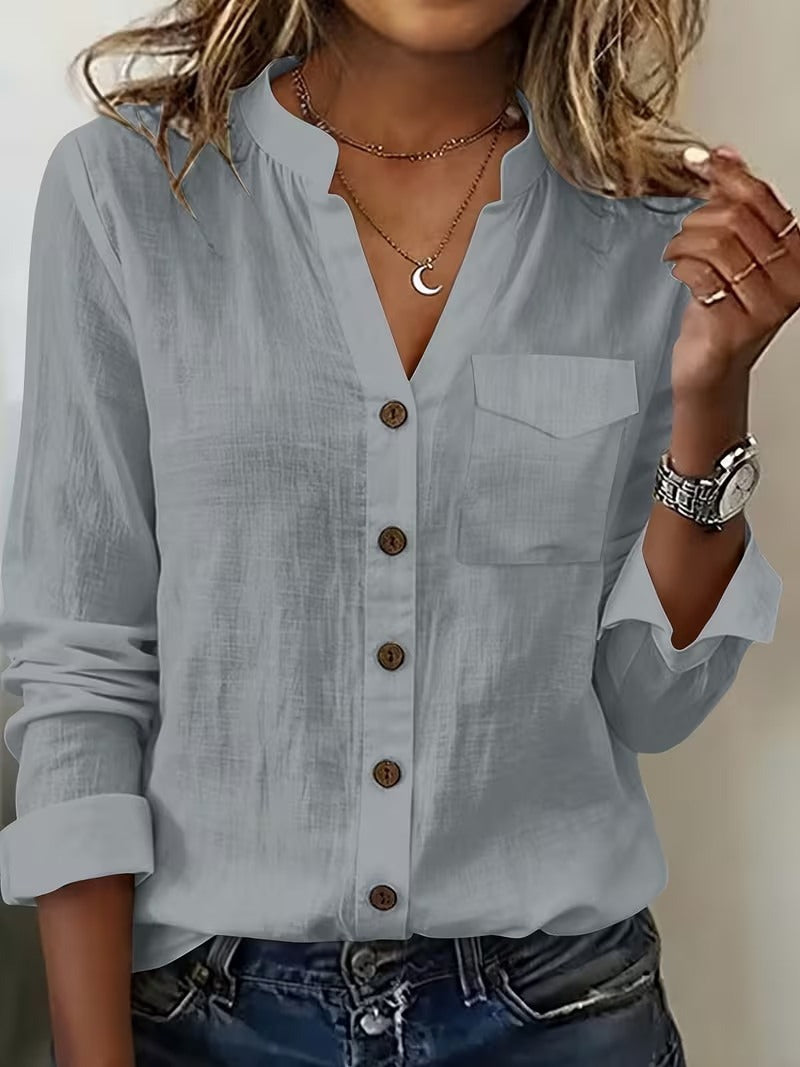 Intellectual Slub Tunic Shirt - White Mandarin V-Neck Blouse