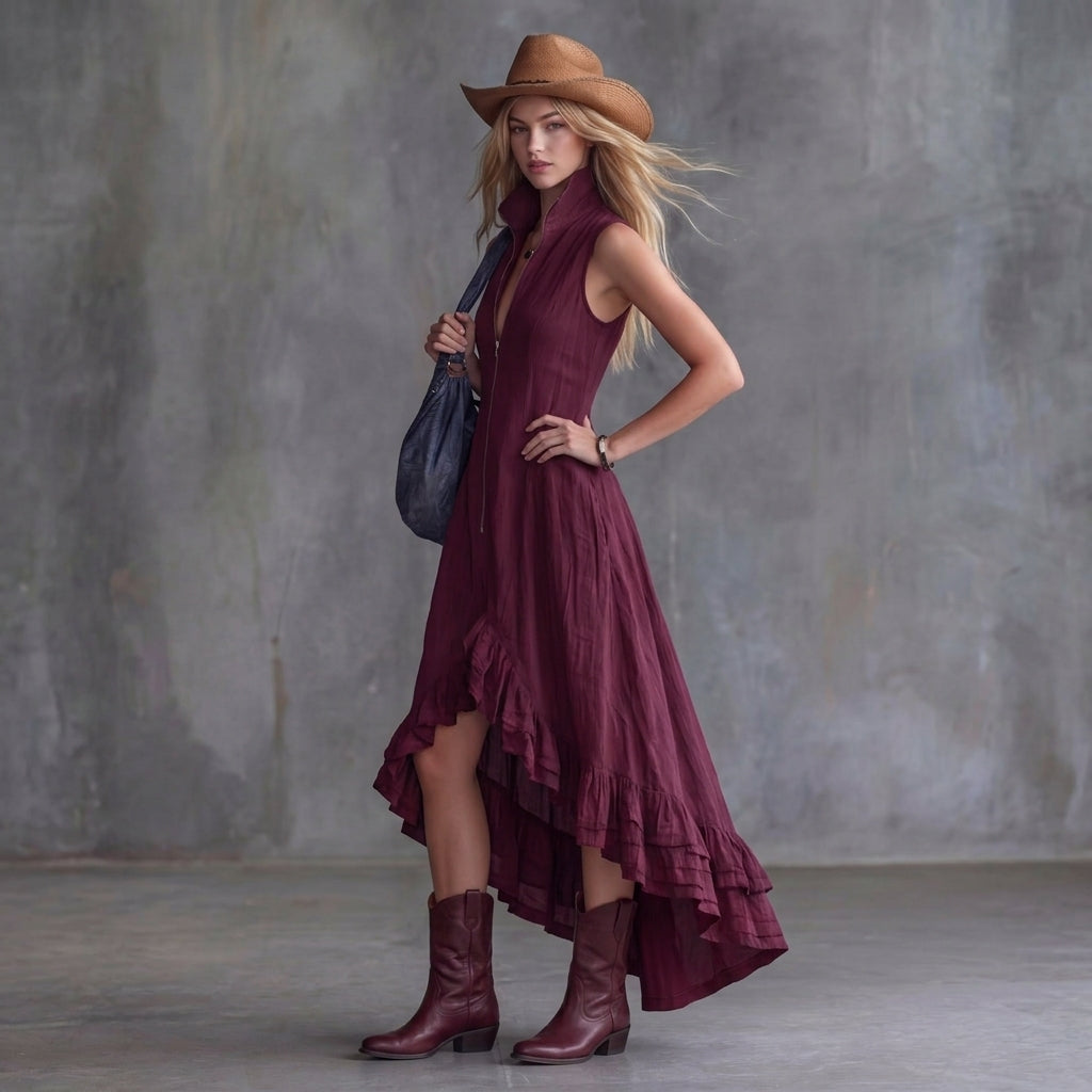 Women's High-Low Ruffle Maxi Dress - Zipper Front Collared Sleeveless Dress