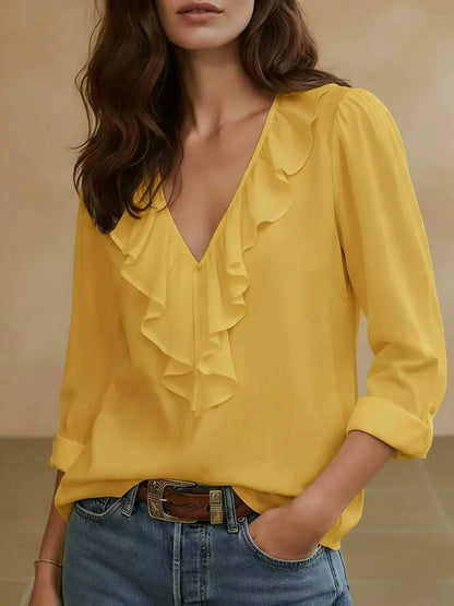 Women's Ruffle V-Neck Chiffon Blouse | Casual Solid Color Three-Quarter Sleeve Shirt Top