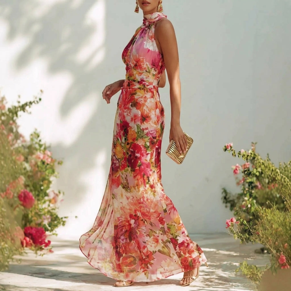 Italian Garden Style Floral Long Dress | Luxury High Waist Flowy Resort Maxi Dress