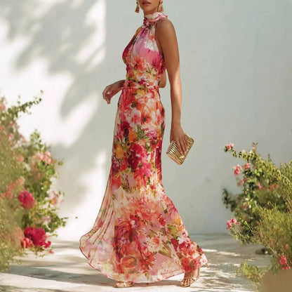Italian Garden Style Floral Long Dress | Luxury High Waist Flowy Resort Maxi Dress