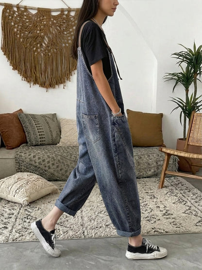 Vintage Washed Denim Bib Overalls for Women - Flattering Relaxed Fit Jean Romper