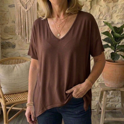 T-shirt ample en modal pour femme - Tunique décontractée à col en V profond