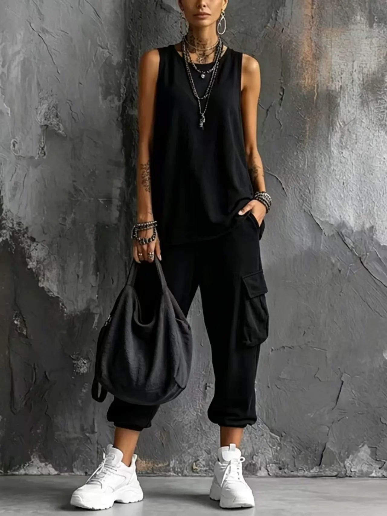 Women's Casual 2-Piece Lounge Set | Sleeveless Knit Tank Top & Cargo Capri Pants Suit
