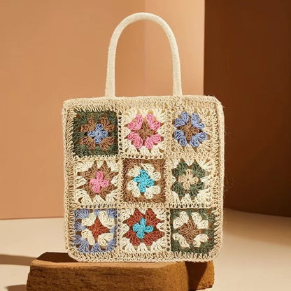Bohemian Granny Square Crochet Tote Bag - Handmade Recycled Paper Straw Shoulder Purse & Crossbody Bag