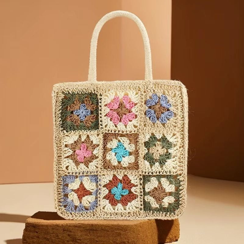 Bohemian Granny Square Crochet Tote Bag - Handmade Recycled Paper Straw Shoulder Purse & Crossbody Bag