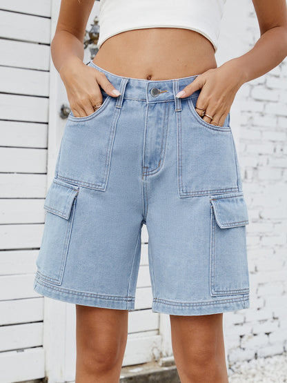 Women’s Washed Cargo Denim Bermuda Shorts Mid Waist Utility Pocket Streetwear Jean Shorts