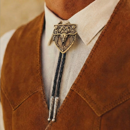 Cravate bolo originale de style western vintage avec tête de vache en cuivre