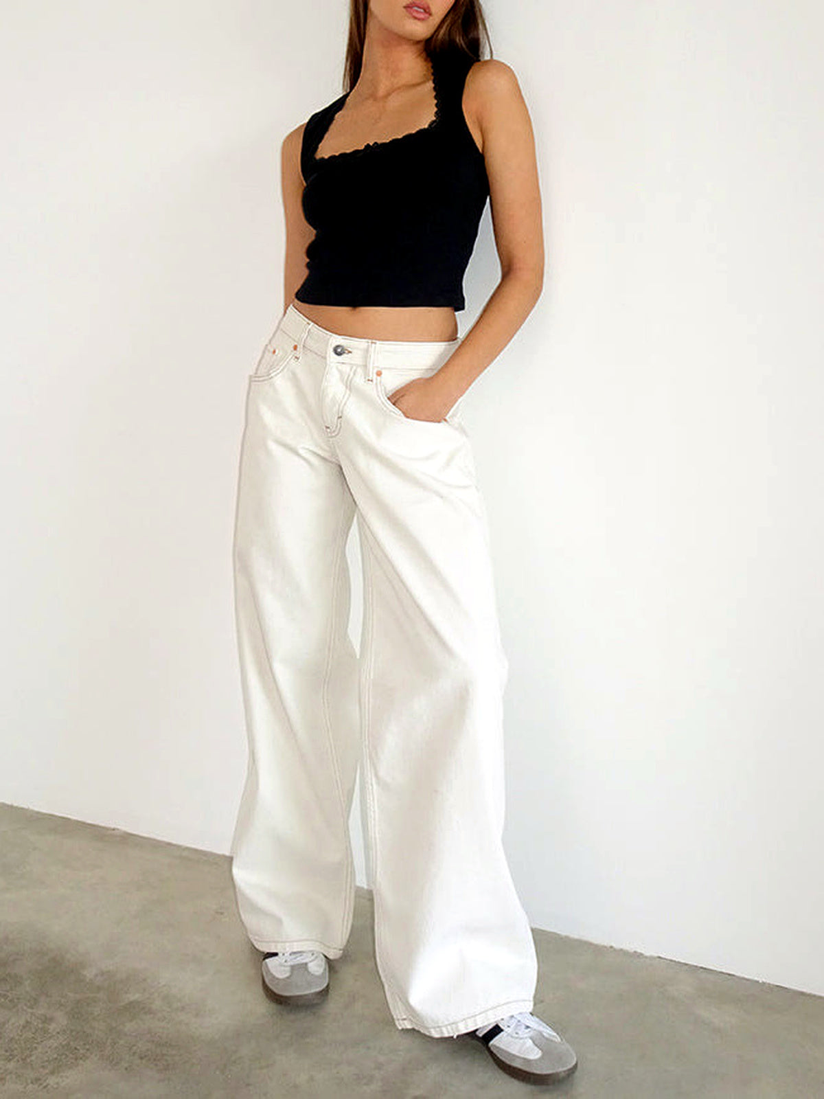 Women's Washed Denim Wide-Leg Vintage-Inspired Distressed Straight-Leg Jeans - product detail view 16