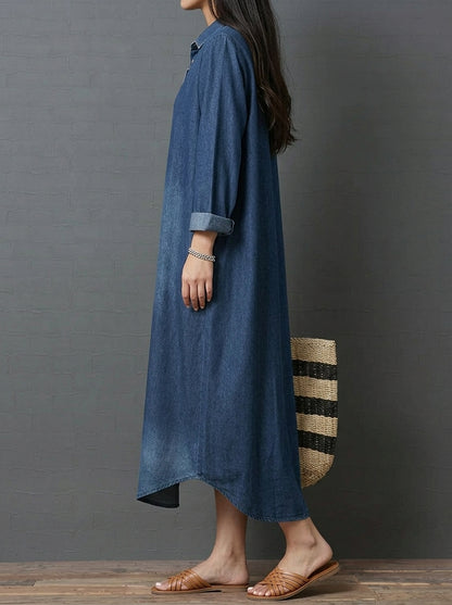 Vintage Washed Denim Polo Dress for Women - Chic Long Sleeve Button Pullover Gown