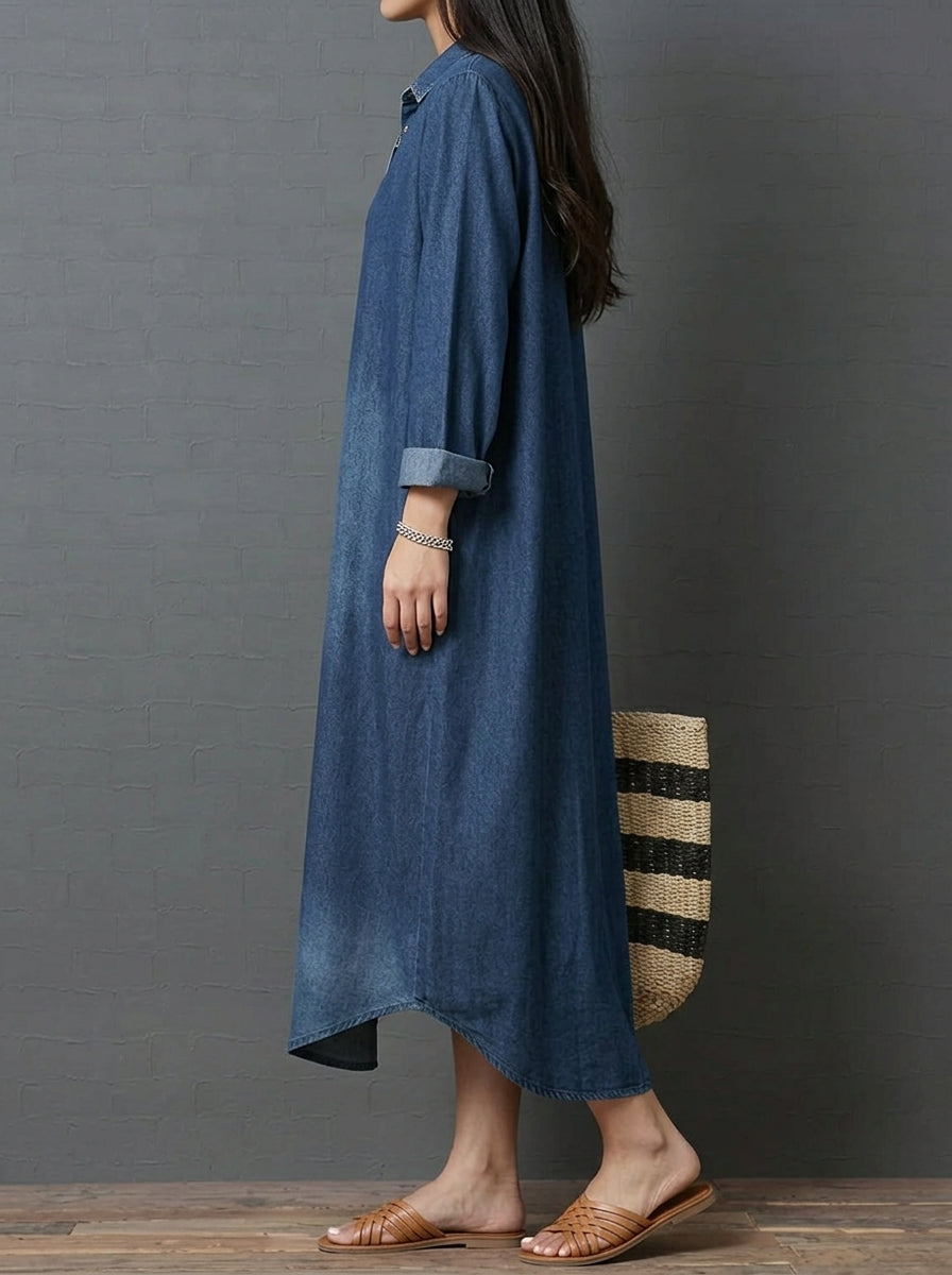 Vintage Washed Denim Polo Dress for Women - Chic Long Sleeve Button Pullover Gown