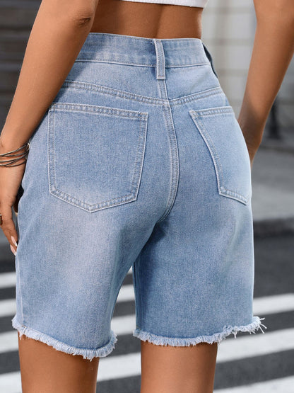 Women’s Washed Denim Bermuda Shorts Adjustable Waist Raw Hem Casual Jean Shorts