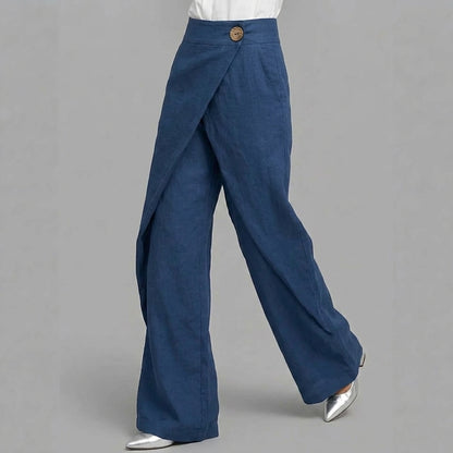 High-Waisted Overlap Palazzo Pants | Breathable Linen-Cotton Wide-Leg Trousers with Button Detail