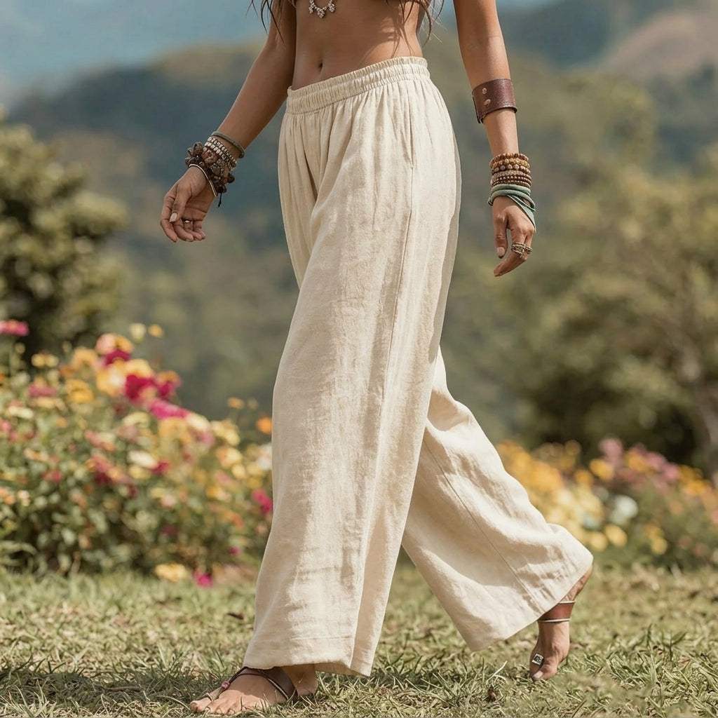 High-Waisted Smocked Elastic Waist Trousers | Breathable Boho Summer Palazzo Pants