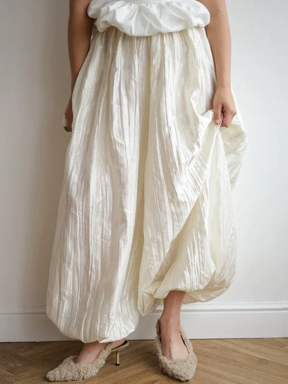 High-Waisted Bubble Hem Maxi Skirt in Pearl White | Airy Tencel Silk-Touch Skirt
