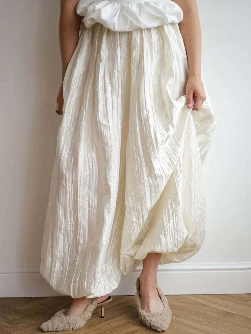 High-Waisted Bubble Hem Maxi Skirt in Pearl White | Airy Tencel Silk-Touch Skirt