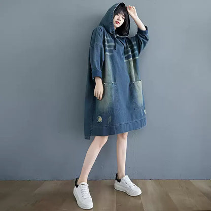 Vintage Washed Denim Hooded Sweatshirt Dress - Loose Fit Pullover Gown with Pockets