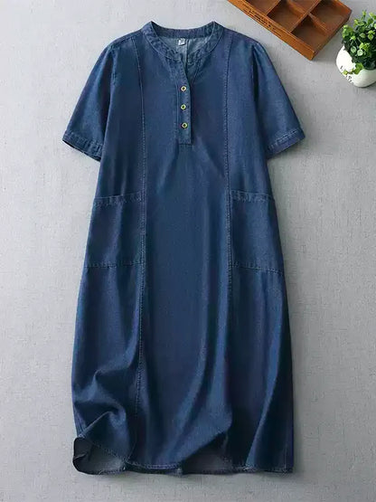 Vintage Washed Denim Shift Dress for Women - Soft Half Sleeve Tunic Dress with Pockets