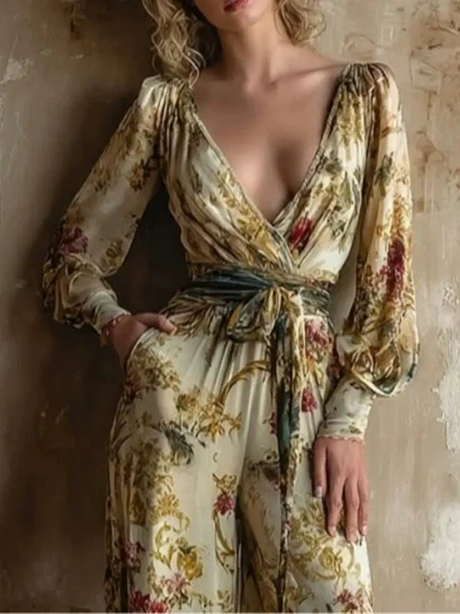 Boho Luxury High-Waist Belted Jumpsuit with Long Lantern Sleeves