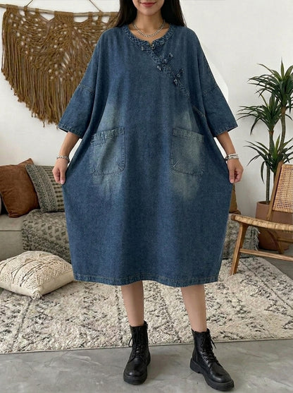 Women's Retro Denim Midi Dress | Casual Loose Fit Asymmetric Frog Button Jean Gown
