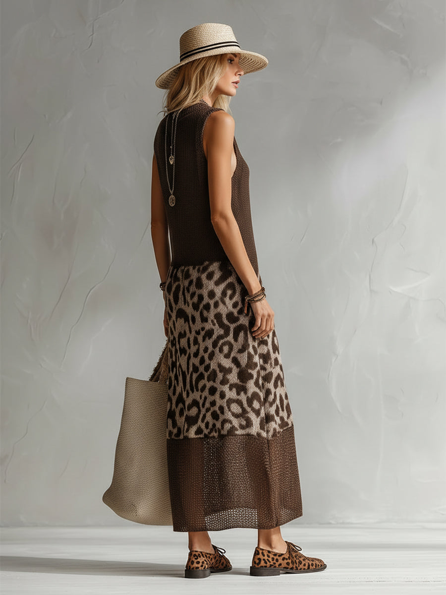 Robe longue sans manches en maille respirante à imprimé léopard marron élégant