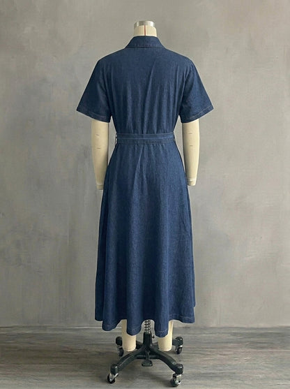 Vintage French Style Denim Midi Dress for Women - Elegant Tie Waist Jean Dress with Pockets
