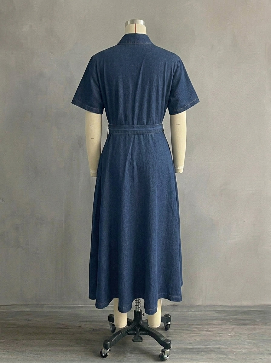 Vintage French Style Denim Midi Dress for Women - Elegant Tie Waist Jean Dress with Pockets