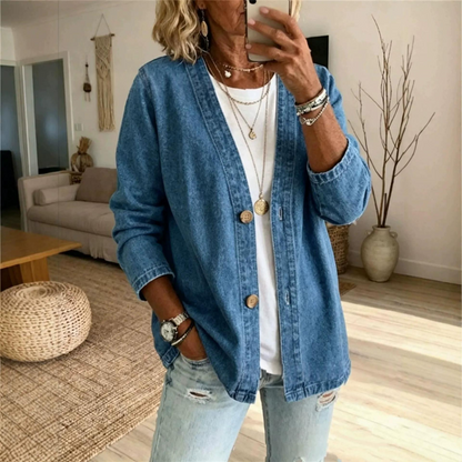 Women's Loose Casual V-Neck Denim Cardigan Jacket | Plus Size Long Sleeve Washed Blue Jean Coat Outwear