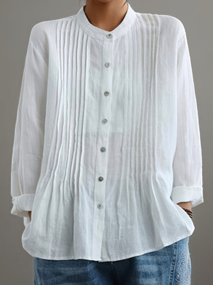 Women's Casual Cotton And Linen Pleated Shirt