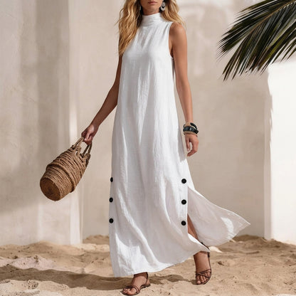 Sleeveless Mock Neck Summer Maxi | Breathable White Linen-Blend Dress with Side Slit