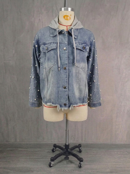 Vintage Pearl Embellished Denim Jacket for Women - Drop Shoulder Button-Down Outerwear