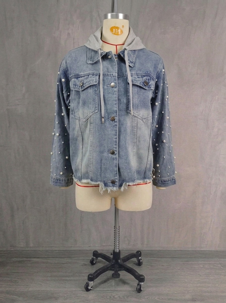 Vintage Pearl Embellished Denim Jacket for Women - Drop Shoulder Button-Down Outerwear
