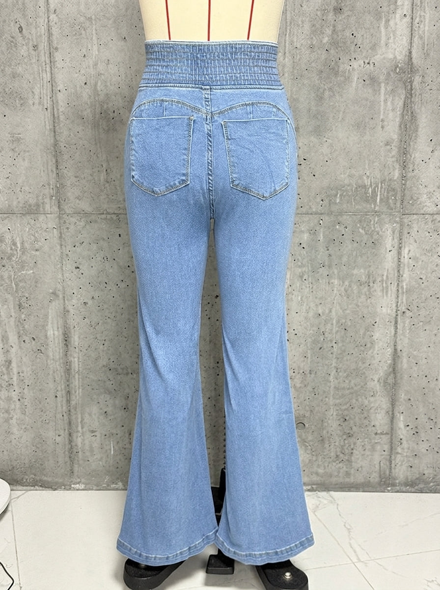 Vintage Solid Smocked Waist Flare Jeans for Women - Flattering Butt Lifting Denim Trousers